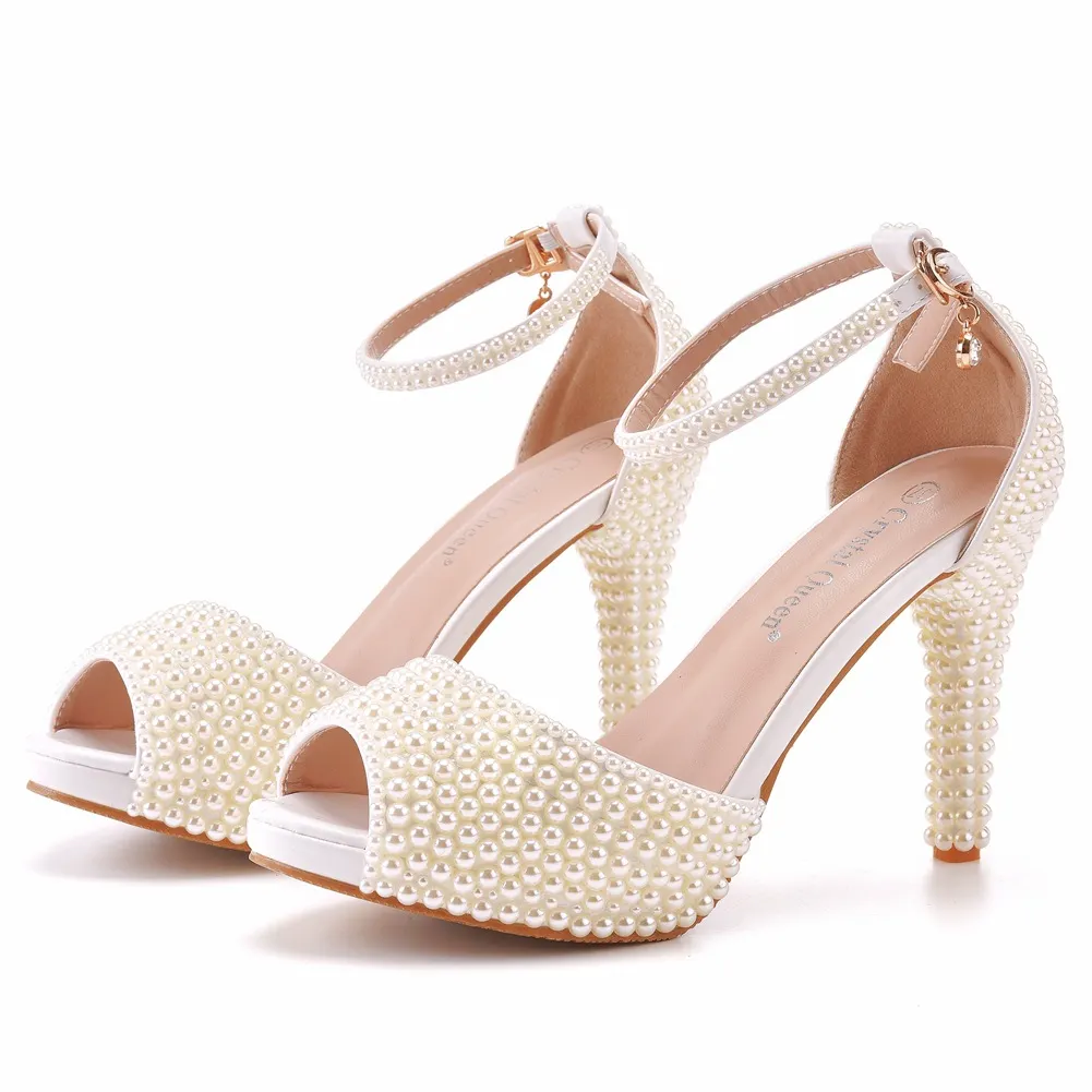 Breakj Breakj Fish Mouth High-Heeled Sandals Waterproof Table Sandals Fine Heel Pearl Beads Wedding Shoes Wedding Heels