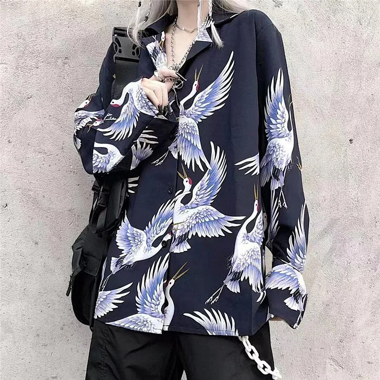 Crane Print Vintage Loose Shirt - Modakawa modakawa