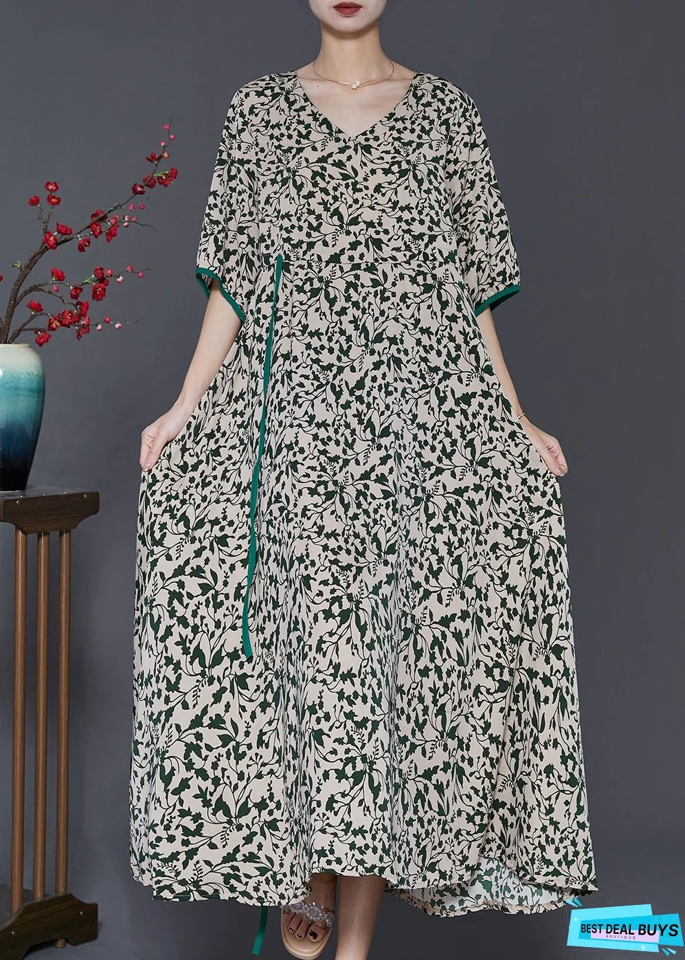 Unique Green Cinched Print Chiffon Long Dresses Summer