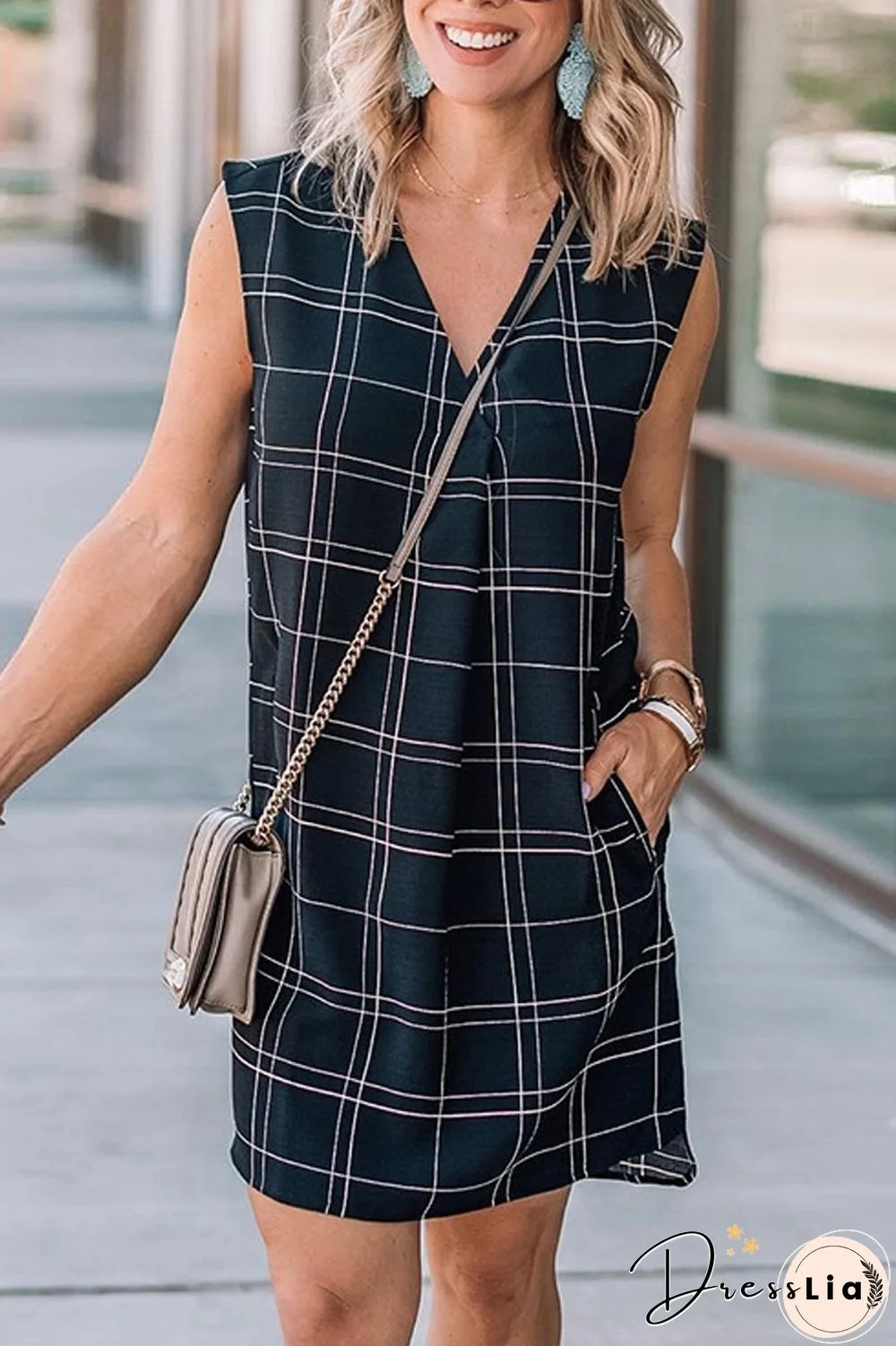 Plaid Sleeveless V-Neck Dress