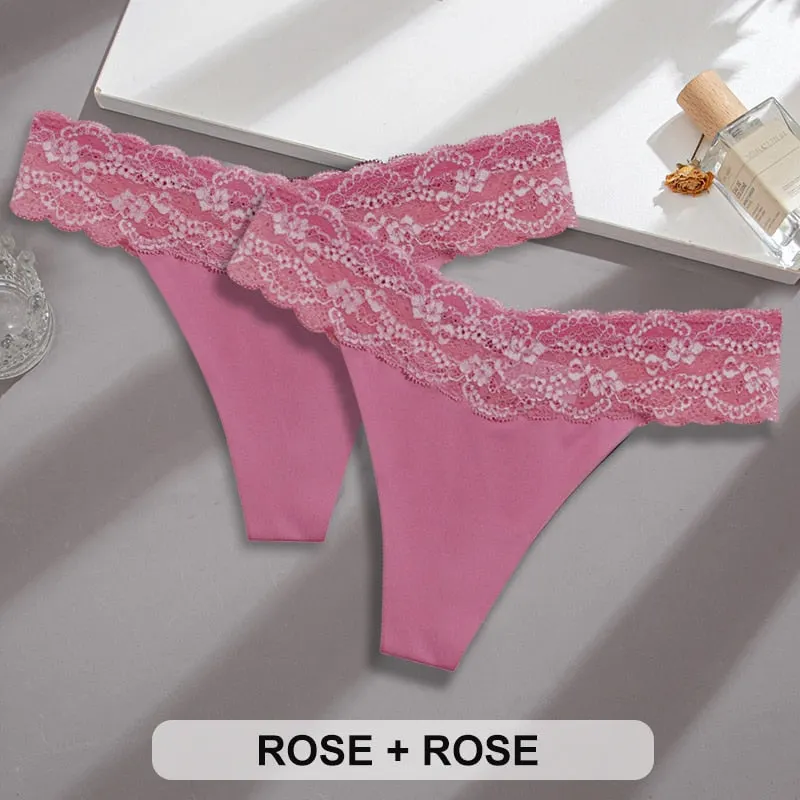2PCS/Set Lace Panties Sexy Underwear Thong Women Panties G-String Panties Briefs Lingerie Floral V Waist Design Female Underpant