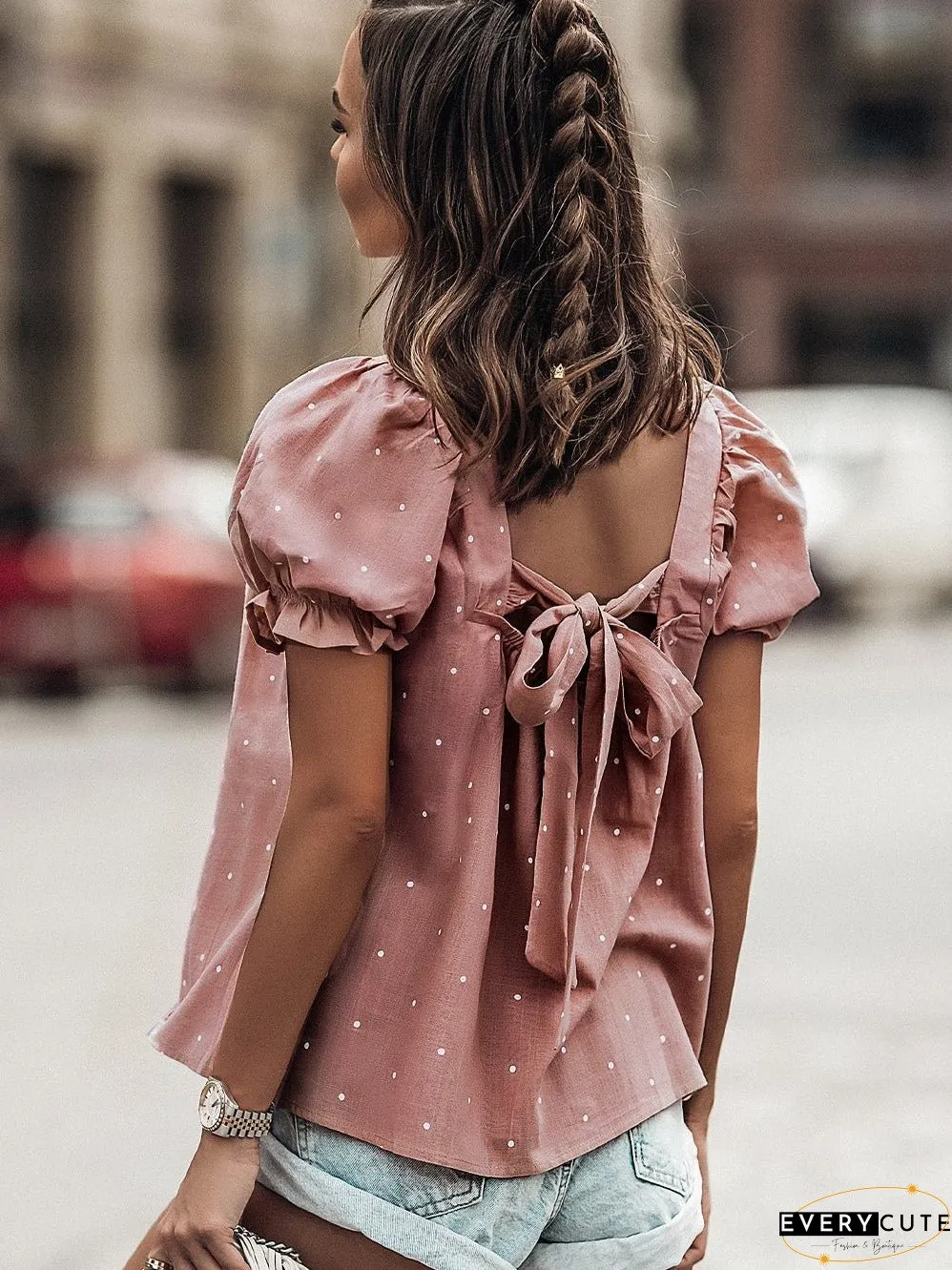 Pink Polka Dot Square Neck Puff Sleeve Blouse with Tie Back
