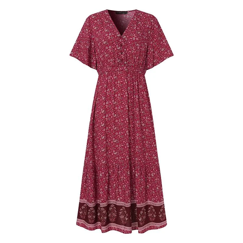 Women Bohemian Holiday Sundress ZANZEA Summer Floral Printed Beach Dress Robe Femme V Neck Short Sleeve Maxi Long Vestido Kaftan