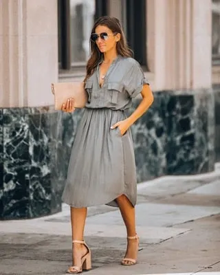 Simple Solid Color Women Dresses Elegant Office Shirt Dress Short Sleeve Casual Dresses Vestidos 2020 Summer Elastic Waist Dress