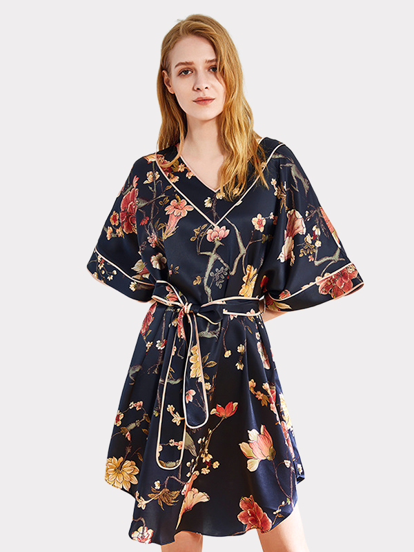 V Neck Floral Print Women's Silk Nightgown With Short Sleeves