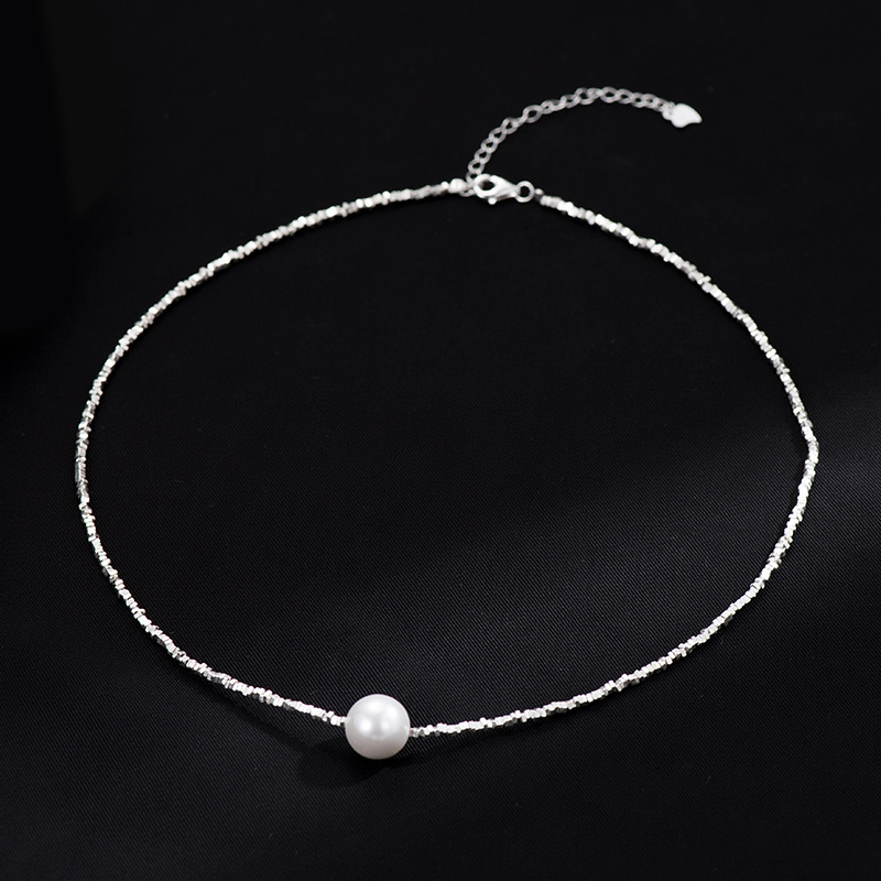 MIKAMU S925 Silver 1CM Pearl Pendant Necklace with Sleek Snake Chain 