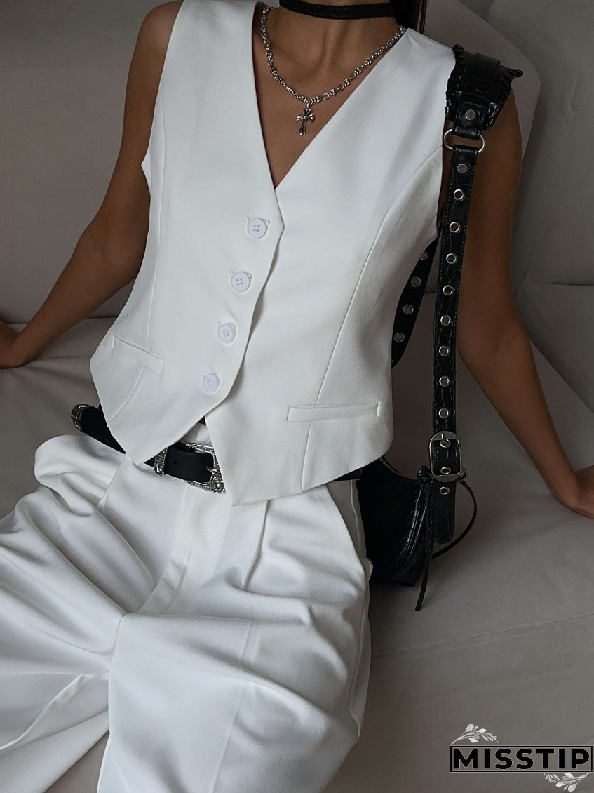 Women v-neck single-breasted vest + shorts two-piece set