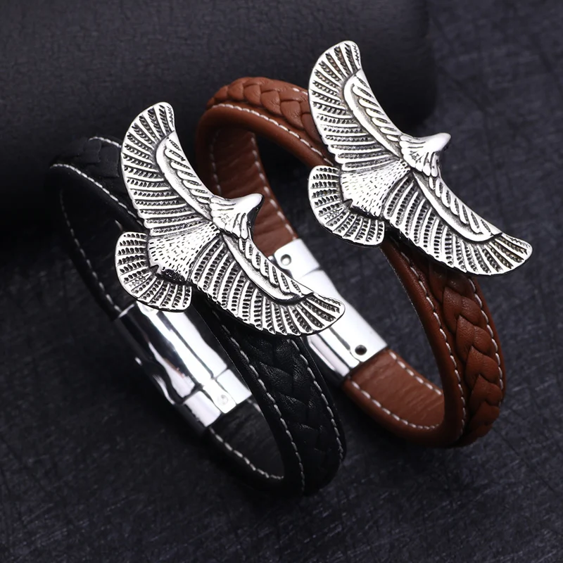 Vintage Eagle Stainless Steel Magnetic Buckle Leather Cord Bracelet