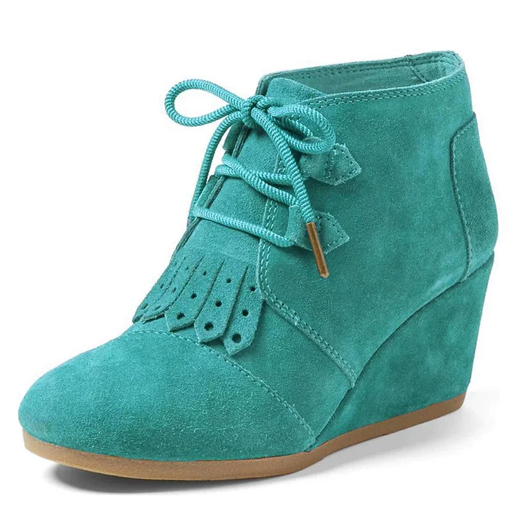 Turquoise Vegan Suede Lace Up Boots Round Toe Fringe Wedge Booties |FSJ Shoes