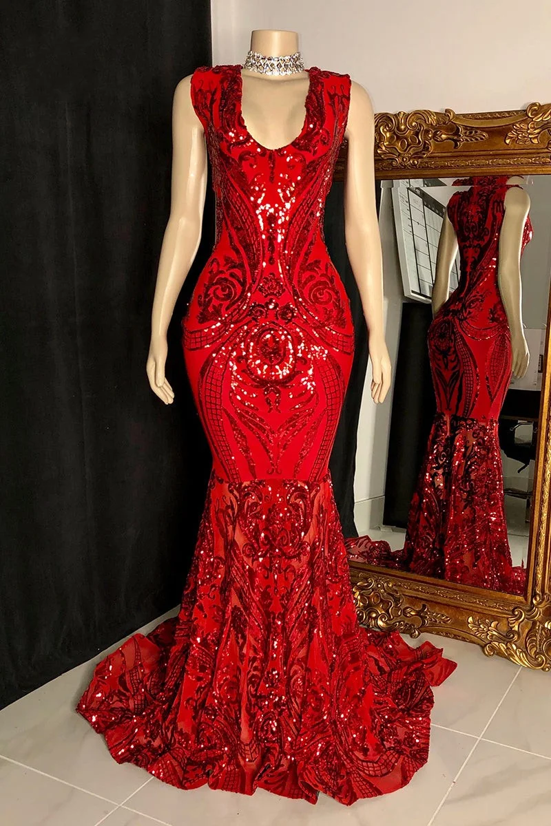 Shiny Mermaid Straps Appliques Red Evening Dress With Beadings | Ballbellas Ballbellas