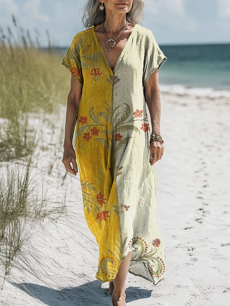 Women's Vintage Flower Art Print Pocket Cotton Dress
