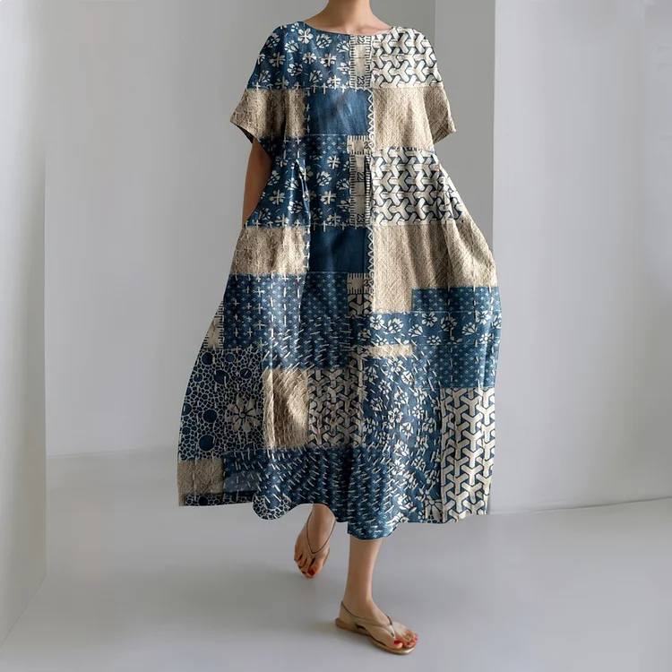 VChics Japanese Art Geometry Patch Linen Blend Maxi Dress