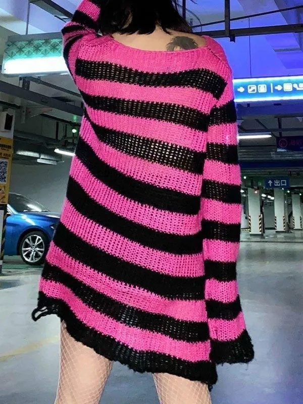 Brownm Distressed Stripe Longline Sweater