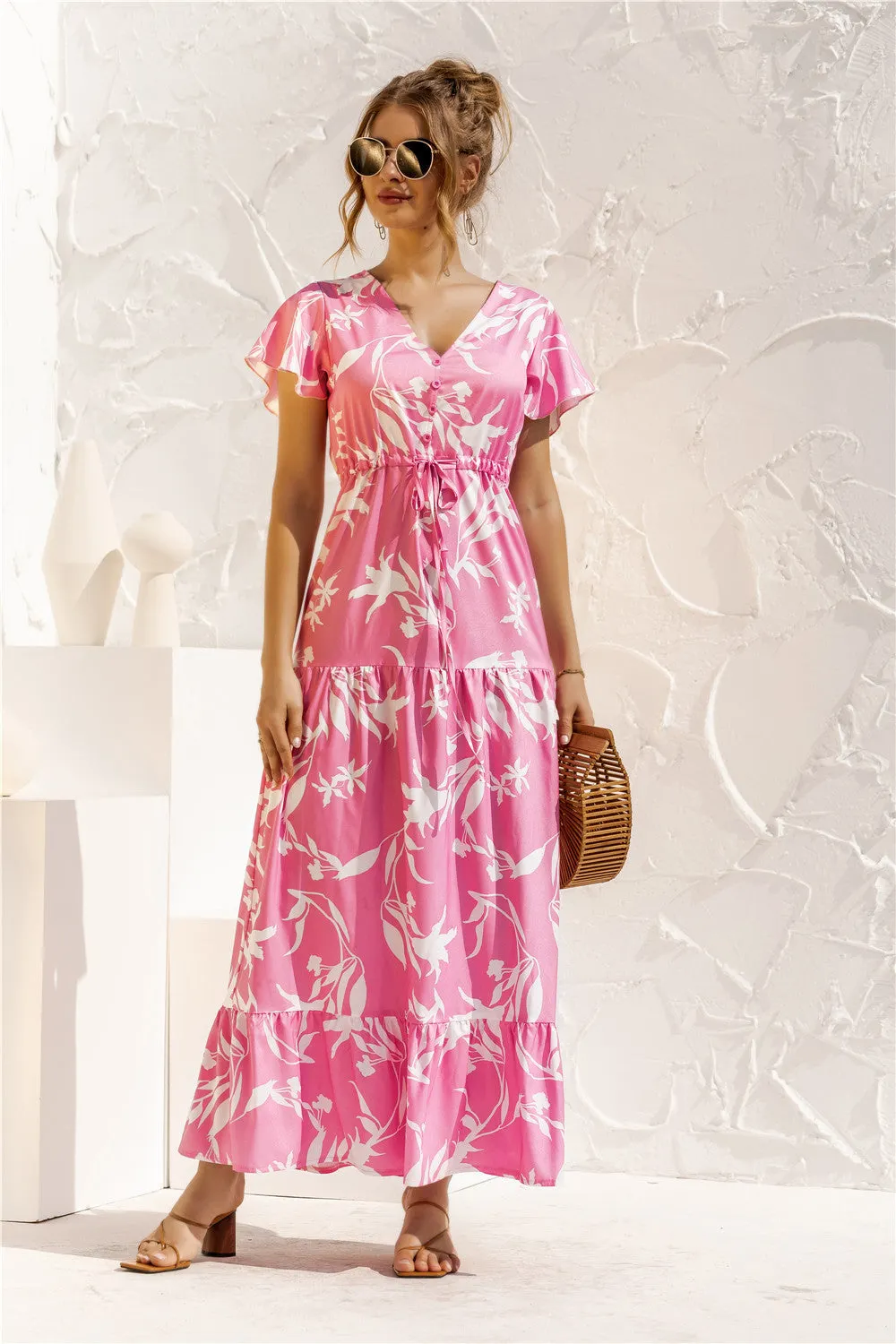 V-neck Flower Print Lace Button Dress