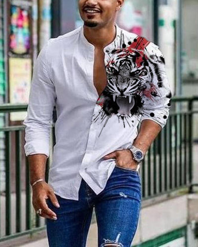 Men's Cotton Abstract Tiger Printed Long Sleeve Cardigan Shirt