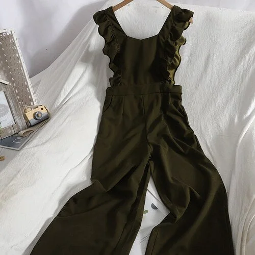 FTLZZ Spring New Arrival Women Casual Solid Jumpsuit Office Lady Sleeveless Ruffle Sexy Top Long Wide Leg Pants Outfits