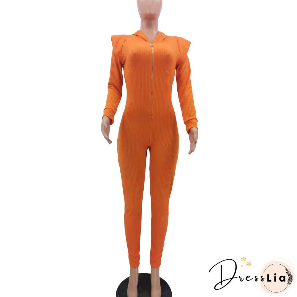 Knitted Long Sleeve Shoulder Padded Hooded Jumpsuit