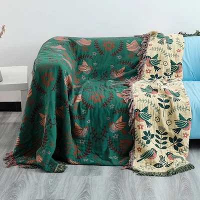Vintage Spring Bird Jacquard Cotton Bedcover Sofa Blanket