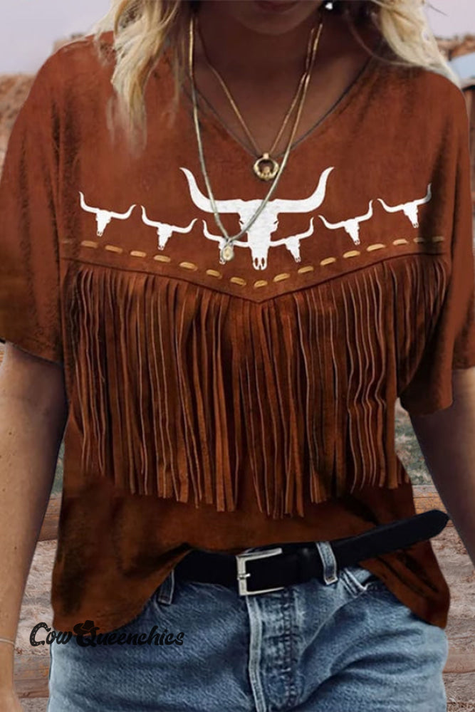 Women&rsquo;s Vintage Western Bull Head Print T-Shirt Brown / S Tops