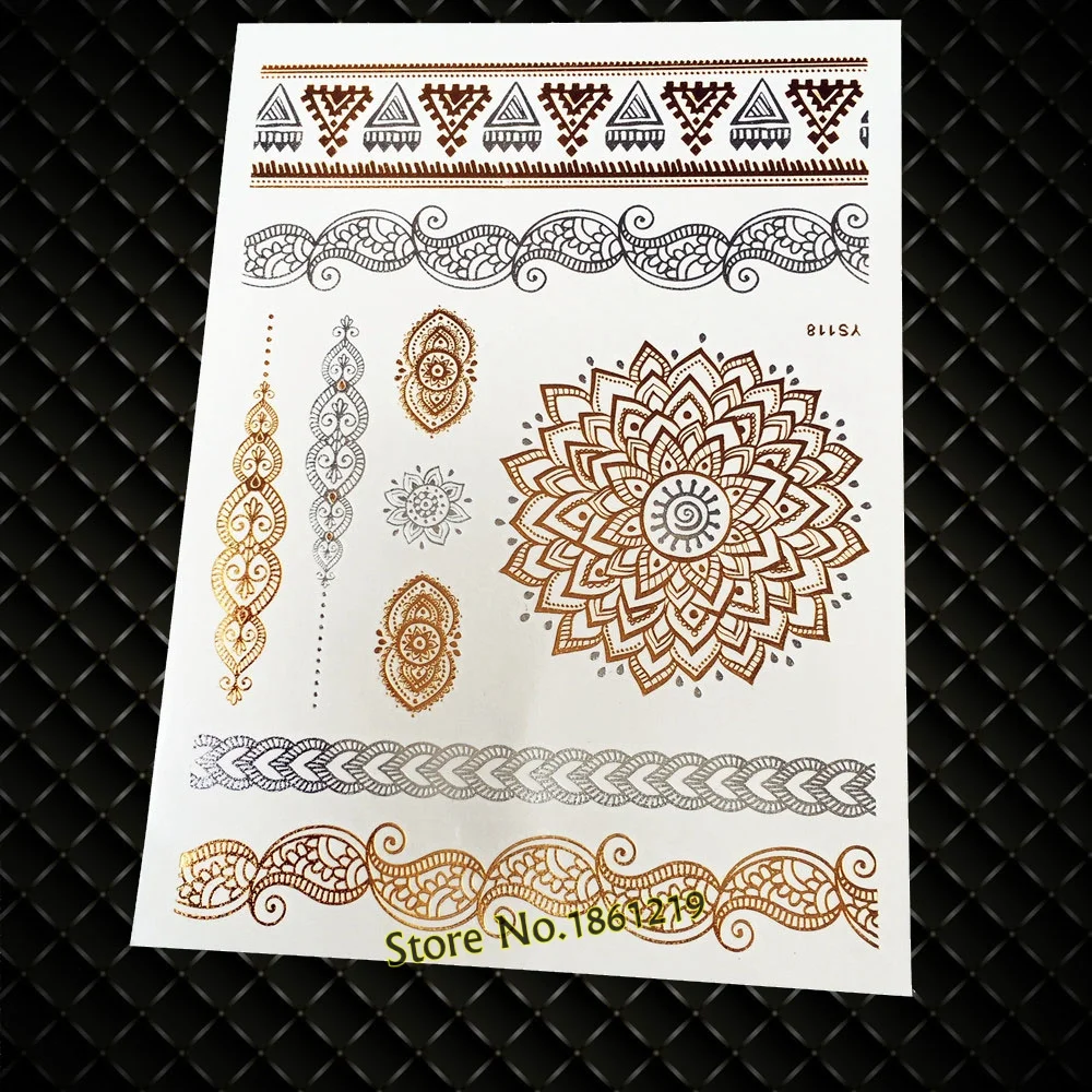 Sdrawing Shiny Metallic Tattoo Henna Gold Flower Body Art GCT166 Silver Lace Feather Tattoo Bracelet Flash Temporary Tattoo Stickers