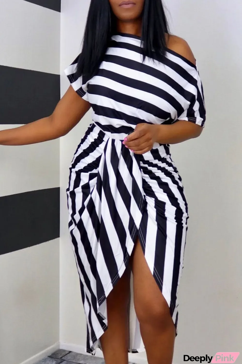Black Casual Striped Split Joint One Shoulder Short Sleeve Two Pieces