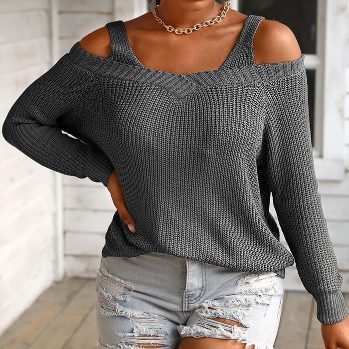 Comstylish Long Sleeve Sweater with Suspender and Off Shoulder Knitting