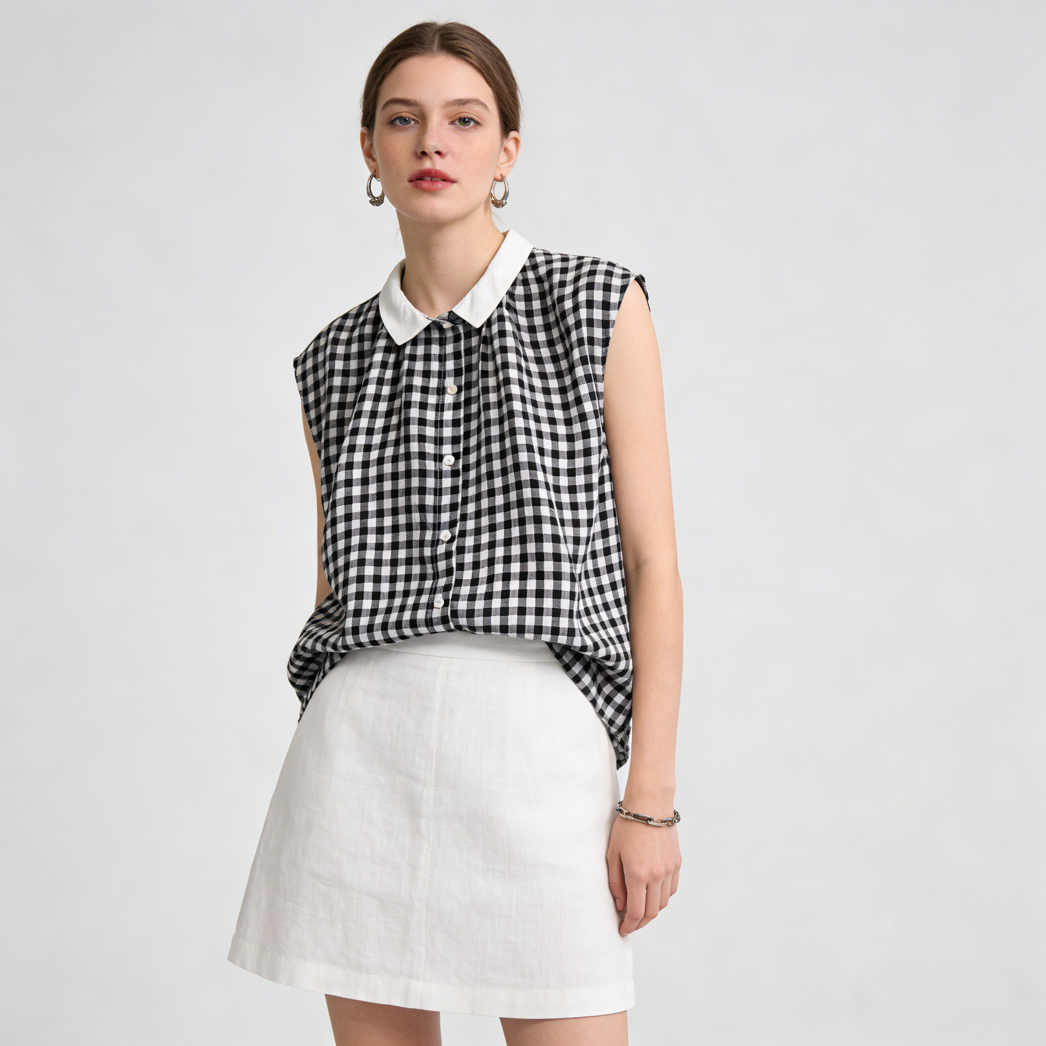 Linen Sleeveless Shirt Women 100% Linen Contrast Collar Summer Top Breathable REAL SILK LIFE