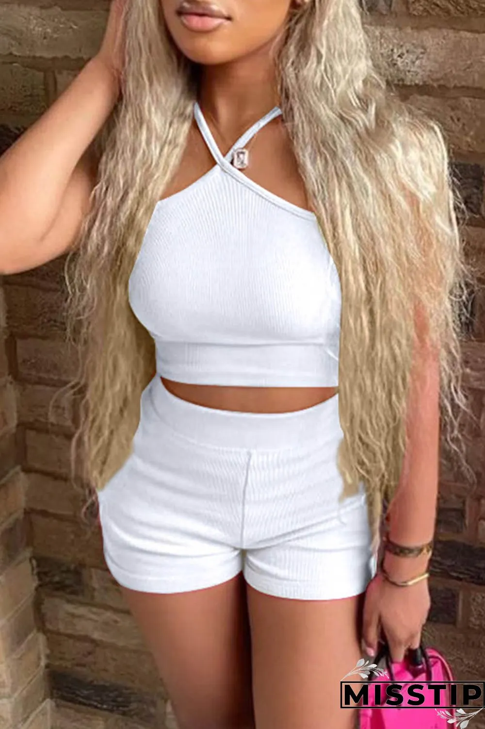 Pink Sexy Casual Solid Backless Spaghetti Strap Sleeveless Two Pieces