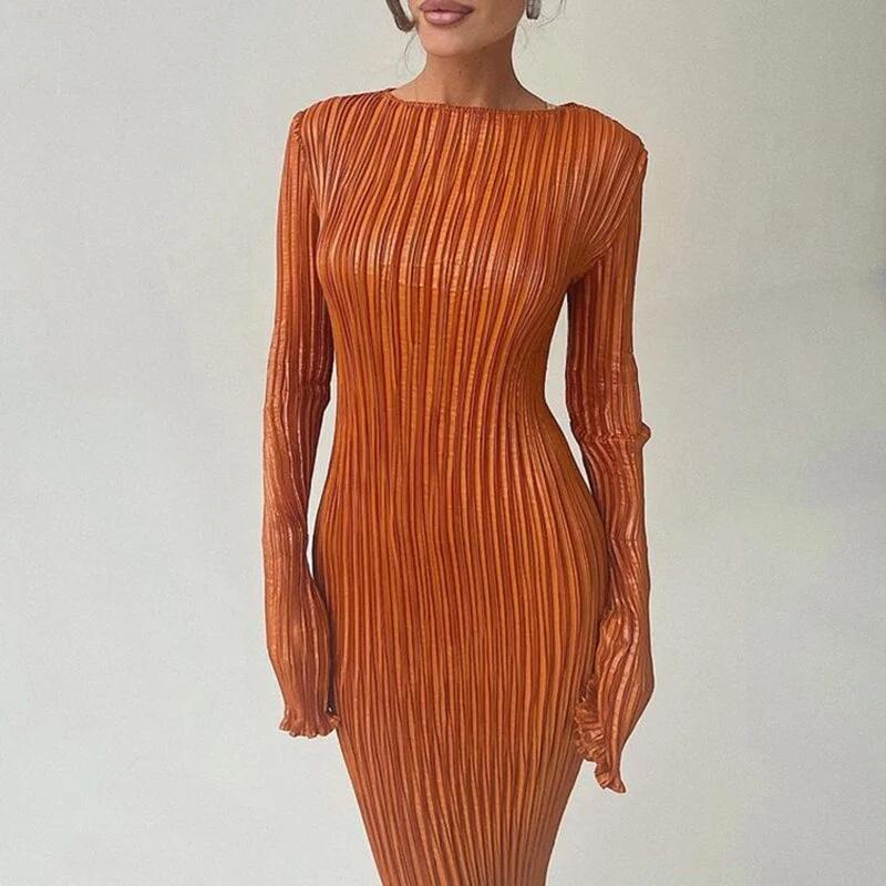 Basic Orange Maxi Bodycon Dress Autumn Summer Long Sleeve Pleated Dress 2022 Plisse Casual Dresses Women