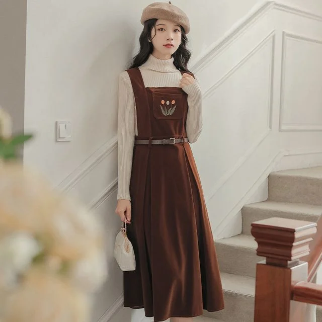 Set: Square Neck Floral Embroidered Corduroy A-Line Overall Dress + Long-Sleeve Turtleneck Knit Top SP19301