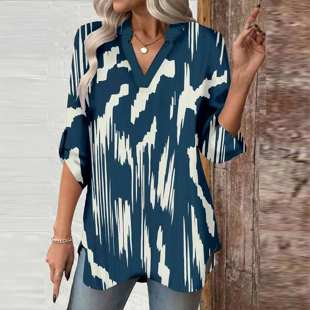 Women Abstract,Blue DZGA0260 3/4 Sleeve V-neck Printed Graphic Button Tops