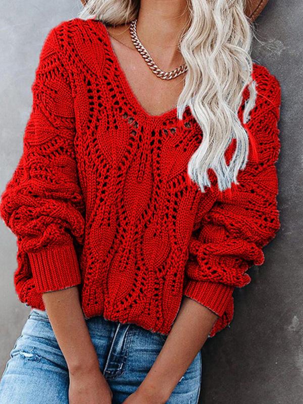 Women's Casual Solid Color V-neck Knit Long-Sleeve Pullover Sweater Top