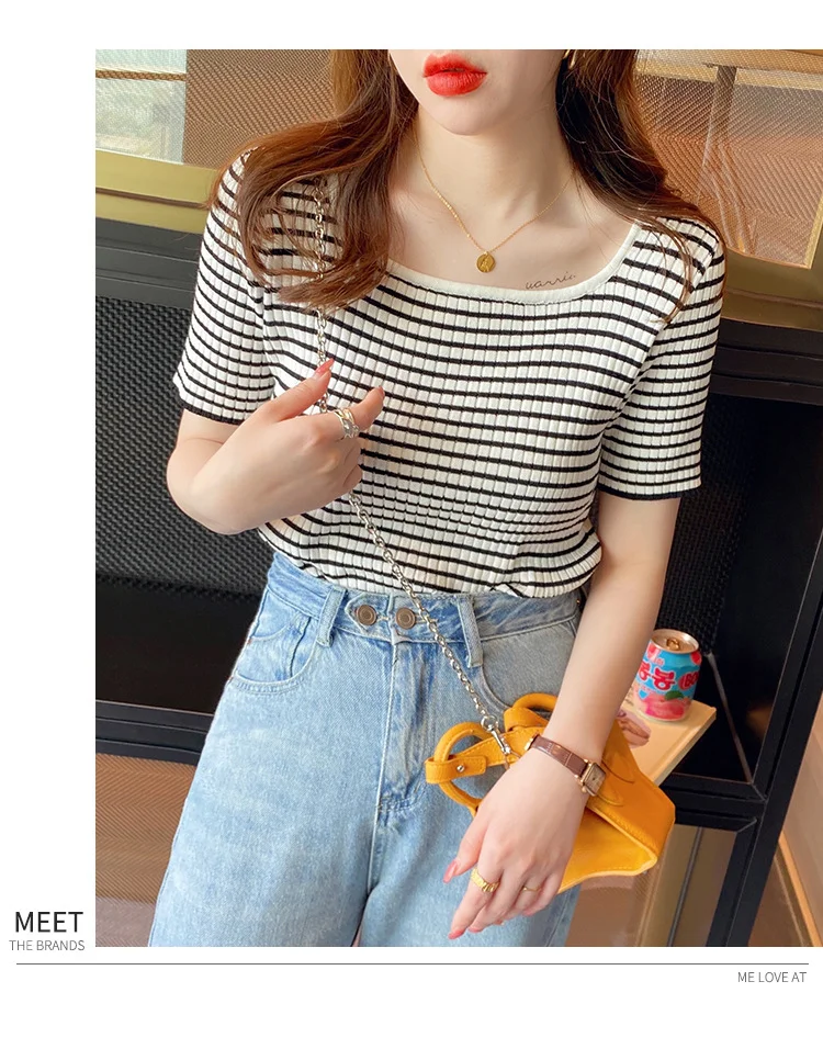 Toloer Toloer Neckline T-Shirt Female Summer 2024 Square Collar Design Sense Niche Stripe Short Sleeve Low Collar Slim Slim Knit Top-Outfit Ideas