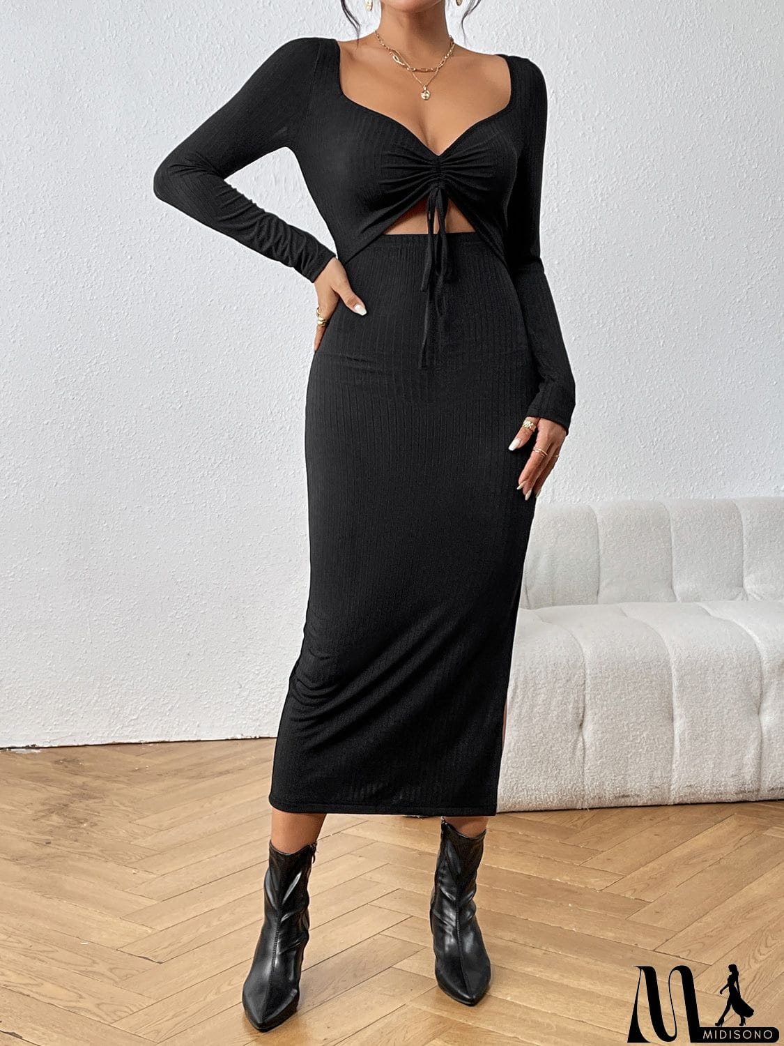 MidiSono - Cutout Drawstring Slit Dress