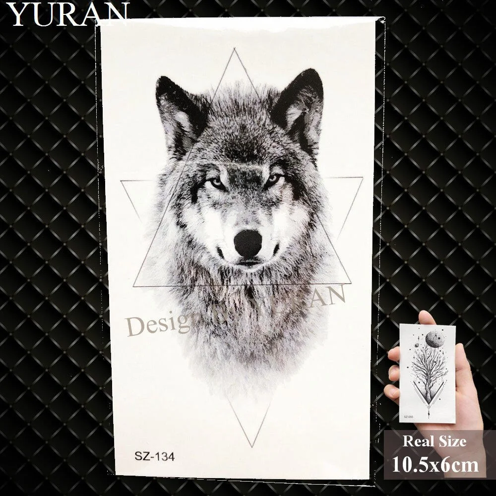 YURAN Black Mountain River Geometric Tattoo Stickers Women Body Arm Moon Temporary Tattoo Men Ankle Wolf Round Fake Tatoo 3D