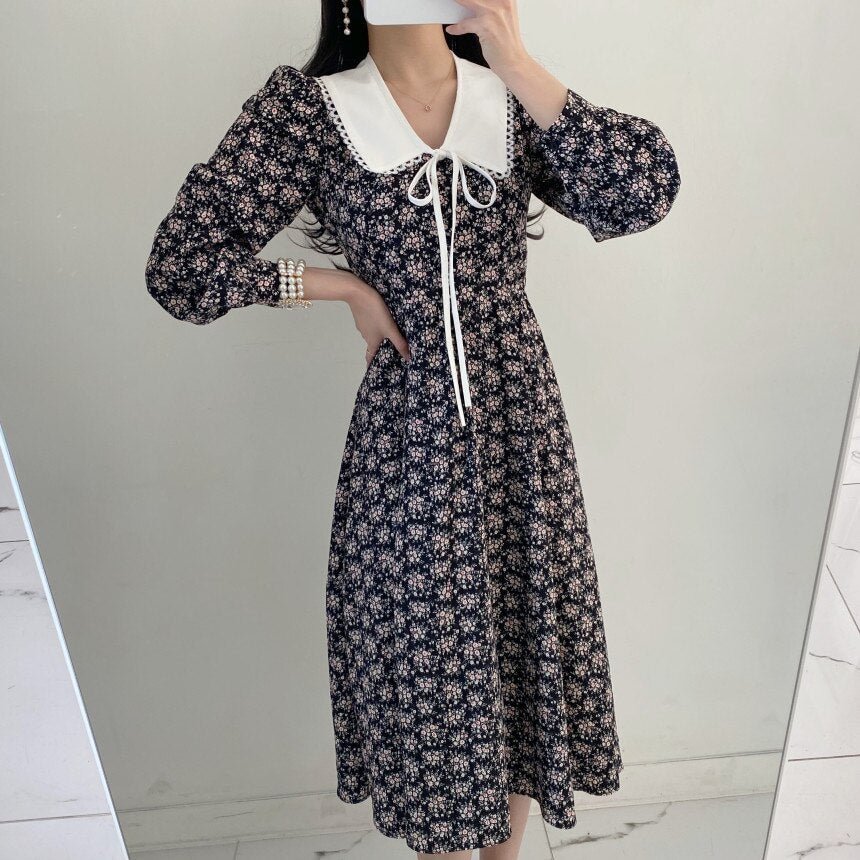 French Style Women's Spring and Summer Shirt Dress Fashion Print Retro Bow Long Sleeve Party Dress