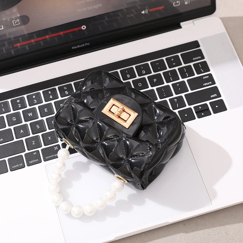 Women’s PVC Solid Color Cute Beading Pearls Square Lock Clasp Crossbody Bag
