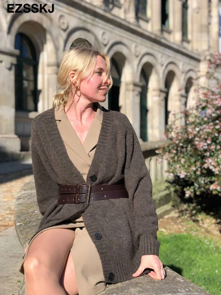 Ezsskj spring autumn sweater long sweater Cardigan Women v-neck Knitted Jacket Cardigan Sweater Female elegant Coat out wear