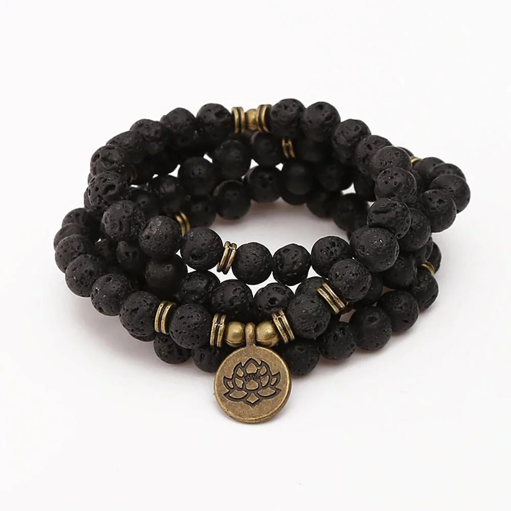 Lava Rock Multi-wrap Beaded Lotus Flower Charm Bracelet