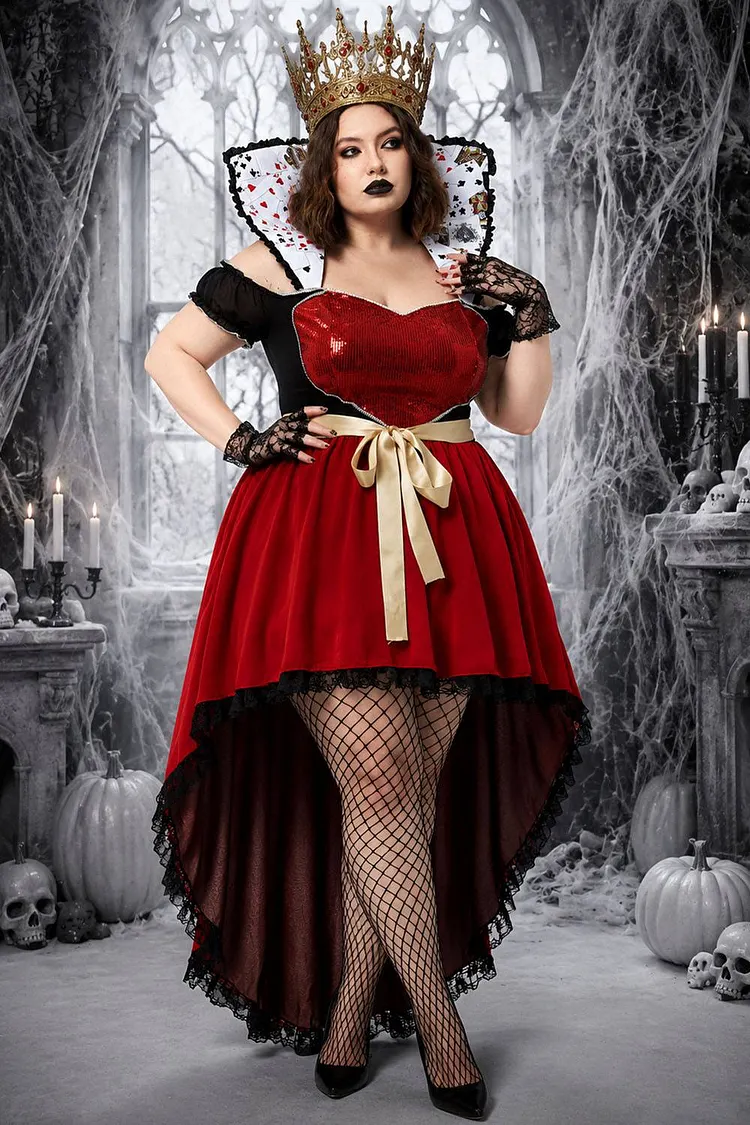 Xpluswear Design Plus Size Halloween Costume Red Sparkling Queen Of Hearts Knitted Mini Dress（Ships 24h） 2024 - Xpluswear