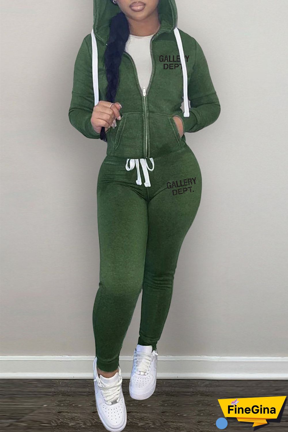 Grey Casual Letter Print Patchwork Hooded Collar Long Sleeve Two Pieces