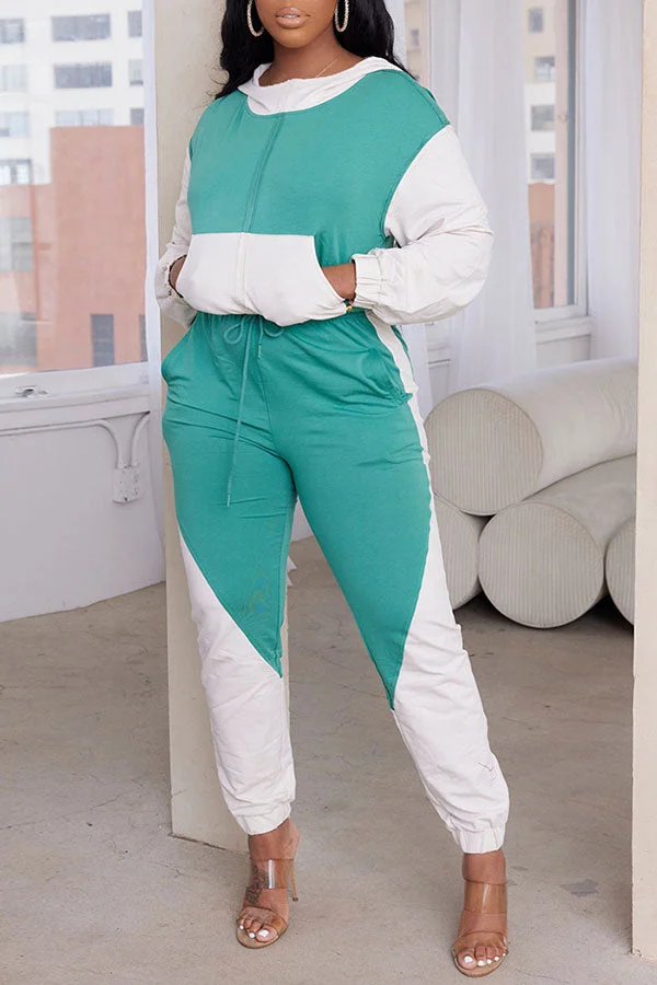 Color Block Casual Hooded Pant Suit