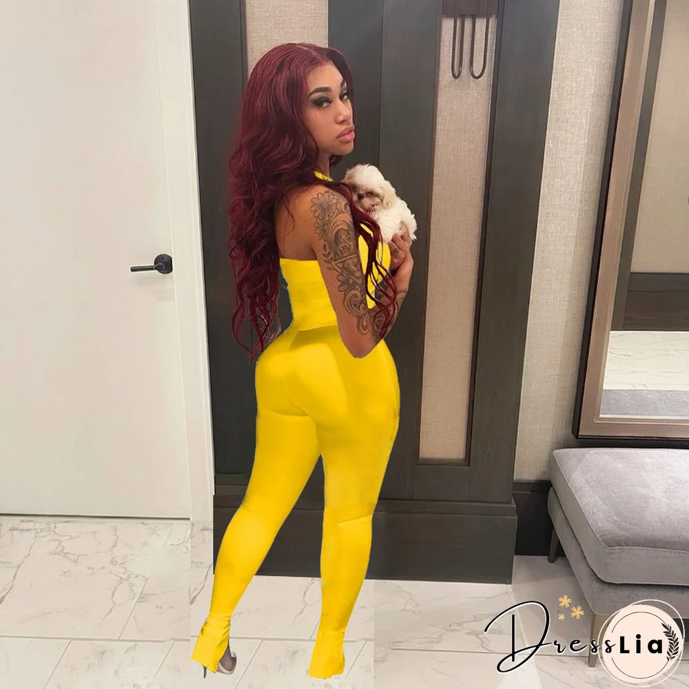 Women Solid Color Sportswear Sleeveless Halter Bodycon Jumpsuits