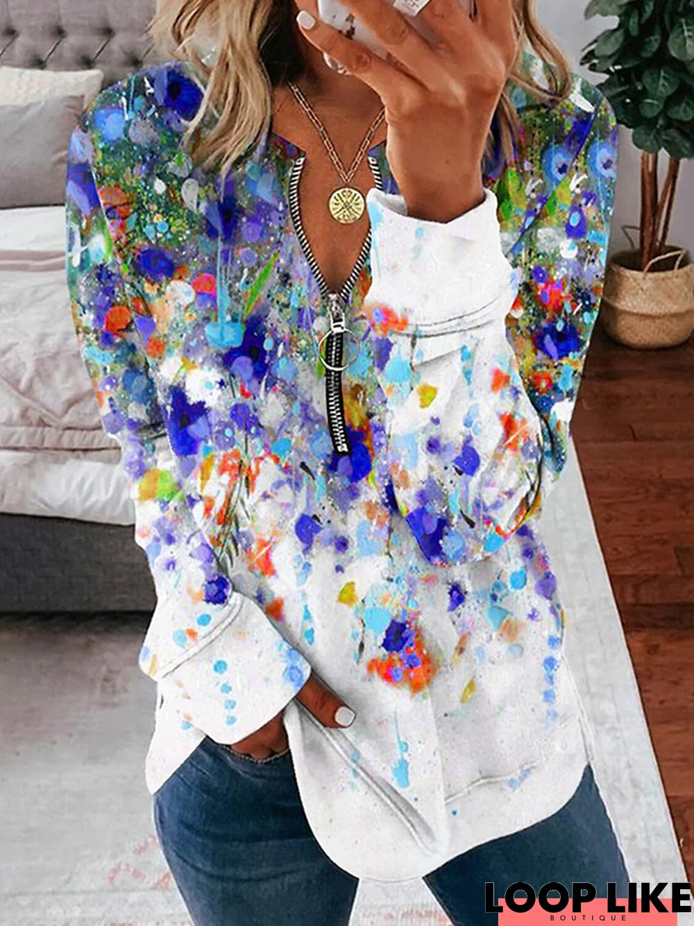 Floral Loose Zipper  Sweatshirt