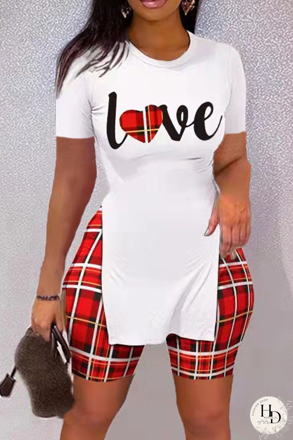 Brown Casual Print Patchwork Slit O Neck Short Sleeve Two Pieces