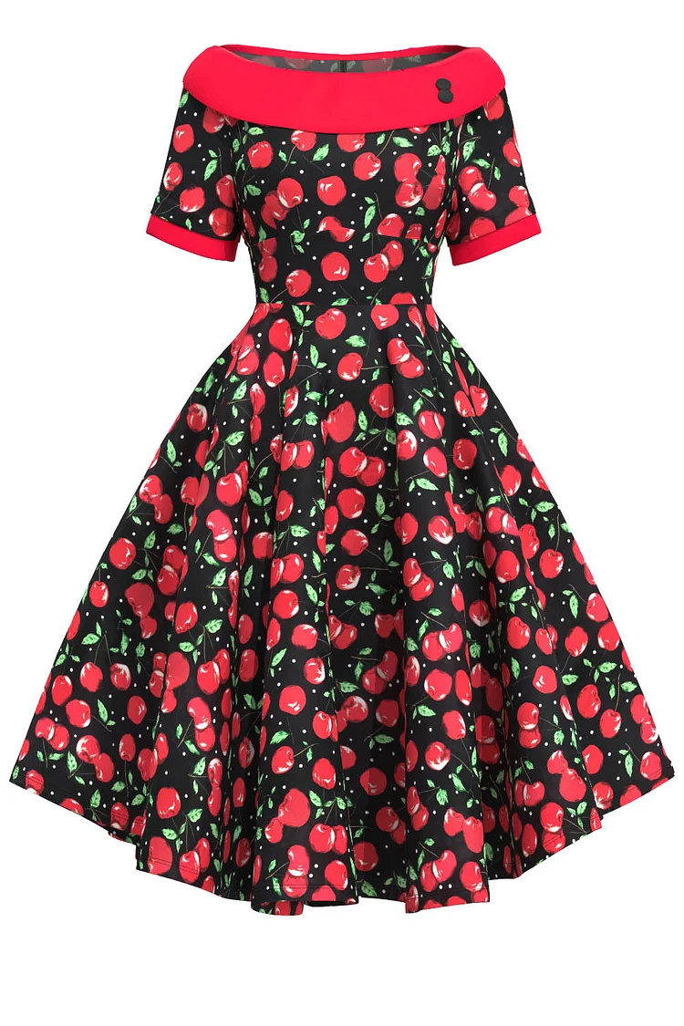 1950s Red Party Patchwork Cherry Print Off The Shoulder Flare Midi Dress [In Stock]