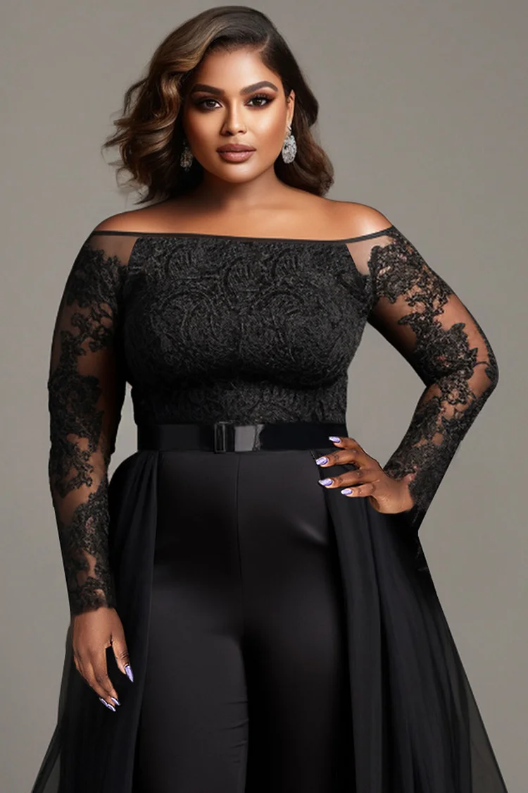 Xpluswear Design Plus Size Mother Of The Bride Black Elegant Off The Shoulder Long Sleeve See Through Detachable Overskirt Tulle Lace Jumpsuits [Pre-Order]