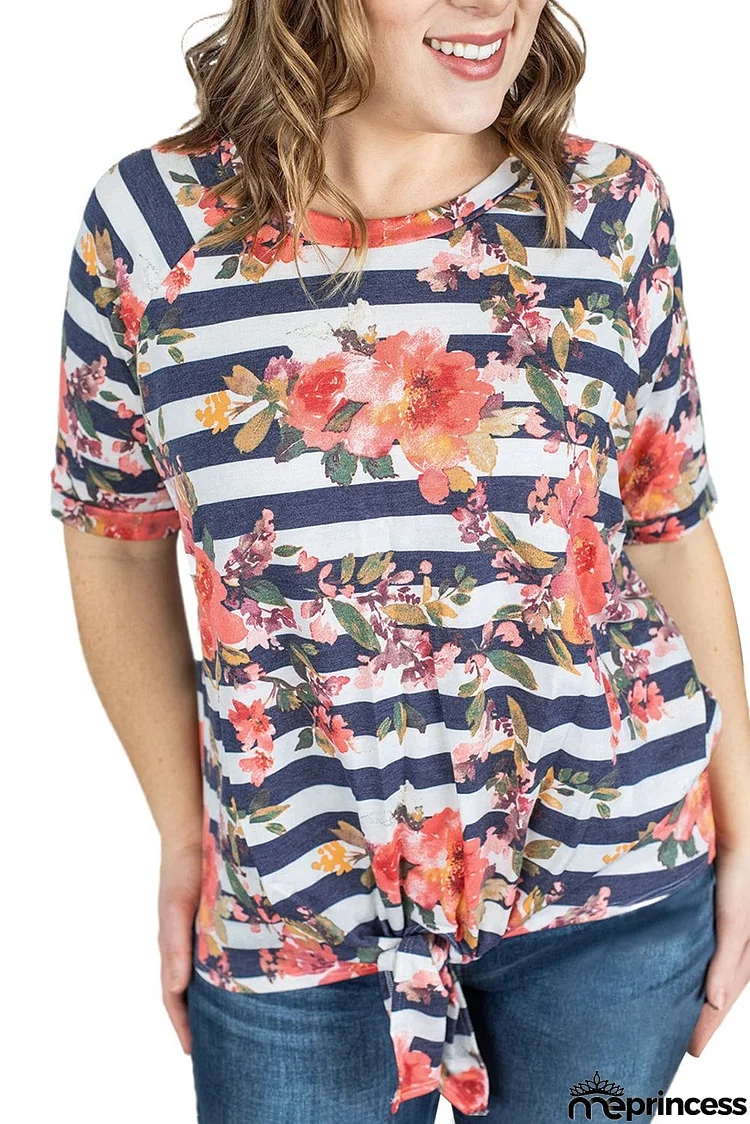 Striped Floral Print Crewneck Short Sleeve Plus Size T Shirt