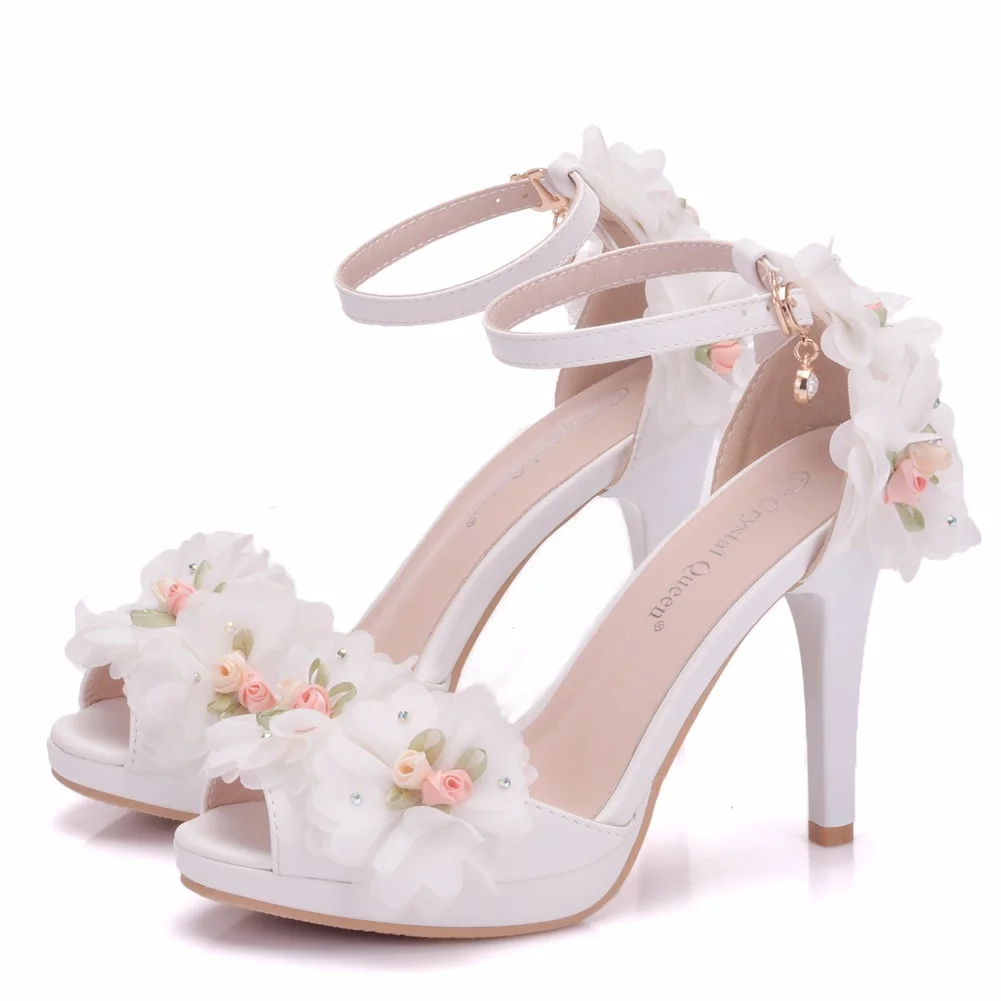 Breakj Breakj Summer New High Heel Fish Mouth Women's White Flower Sandals One-Word Buckle With Casual Wedding Women's Shoes