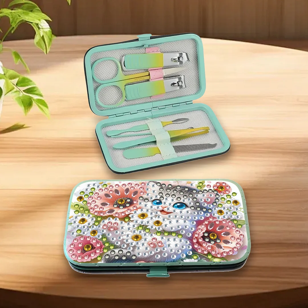 Cat Flower Diamond Painting Nail Art Bag Set Includes 7 Professional Tools
